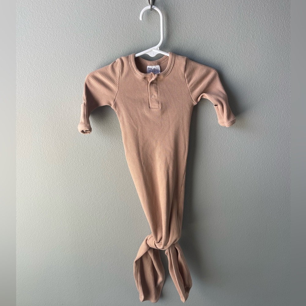 Mebie Baby Ribbed Cotton Knotted Gown with Snap Chest Buttons and Mitten Cuffs